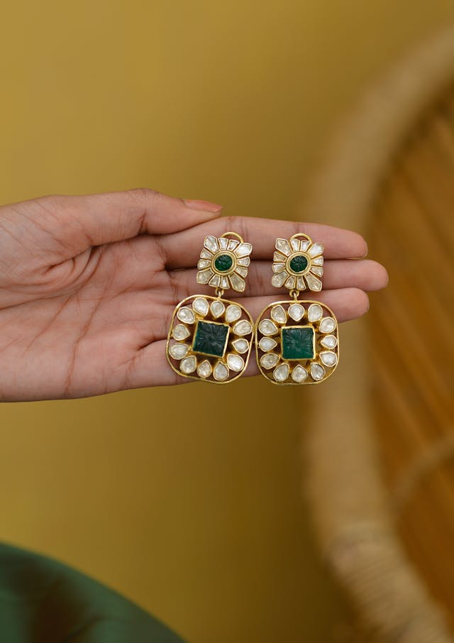 Gold Earrings With Green Gems